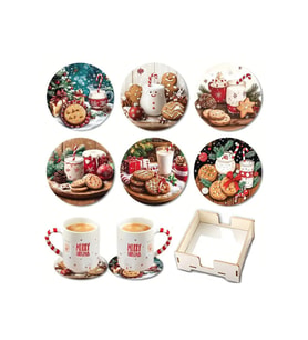 BİLGE tasarım Noel Yılbaşı Ahşap Bardak Altlığı - 6 lı set Set AHŞAP ÖZEL TASARIM KUTULU
