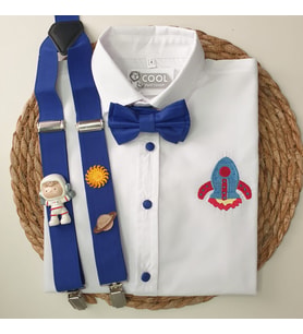 cool partyshop mavi ASTRONOT UZAY konseptli erkek çocuk askı papyon gömlek