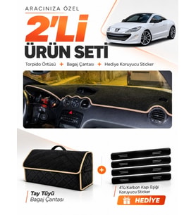 PEUGEOT RCZ (2010-2015) Uyumlu Torpido Örtüsü + Tay Tüyü Bagaj Çantası + Sticker Seti - Siyah Bej