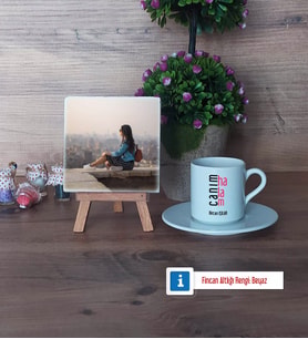 Halaya Hediye Fotoğraflı Dekoratif Taş, Ahşap Altlıklı Türk Kahvesi Fincanı Hediye (Model 2)