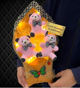 Led Işıklı Kişiye Özel Pembe Ayıcıklı Büyük Boy Peluş Ayıcık Buketi (Model 2)