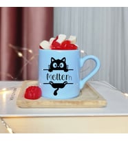 Kedi Tasarımlı Kişiye Özel Mavi Türk Kahvesi Fincanı
