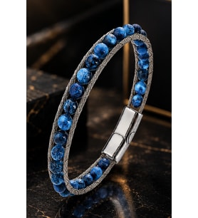 Erkek Çelik Lapis Lazuli Doğal Taş Bileklik Çift Sıra Örgü Tasarım Şık Modern Bileklik