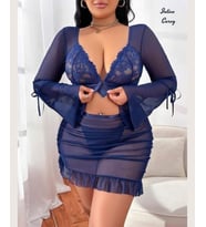 Intive Curvy Dantelli Önden Kopça Detaylı Büstiyerli Transparan Kumaşlı Lacivert Büyük Beden Takım