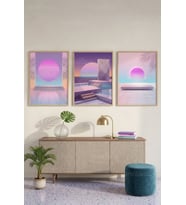 Fütüristik Pastel Soyut Geometrik 3’lü Ahşap Çerçeveli Tablo Seti