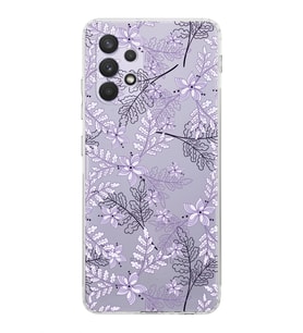 Samsung Galaxy A32  Kamera Korumalı  Kapak Floral Lila Tasarımlı  Şeffaf Kılıf