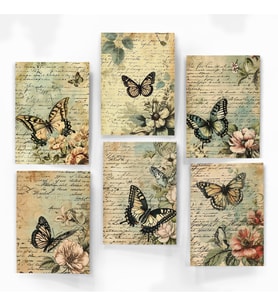 A6 (10,5x14,8 cm) 6’lı Vintage Kelebekli Çiçekli El Yazısı Desenli Scrapbook ve Journal Kağıdı Seti