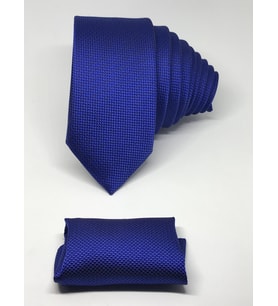 Saks Mavisi Mendilli Slim Fit Oxford Kuş Gözü Desen Kravat