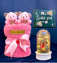 Kişiye Özel İsimli Hediye Seti  Led Işıklı Fanus & Pembe Peluş Saksıda 2li Peluş Buketi  Ayıcık Buketi (Model 7)