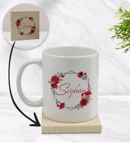 BK Gift Kişiye Özel Çiçek Tasarımlı Beyaz Kupa Bardak ve Ahşap Bardak Altlığı Hediye Seti - Model 27