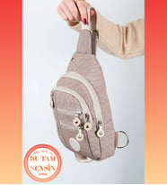 Bej Unisex Su Geçirmez Krinkıl Kumaşlı Fermuarlı 5 Bölmeli Çapraz Body Bag Vücut Çantası (Bej)