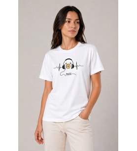 Kadın Müzik Temalı Baskılı Tişört Bisiklet Yaka Kısa Kol T-Shirt - Beyaz