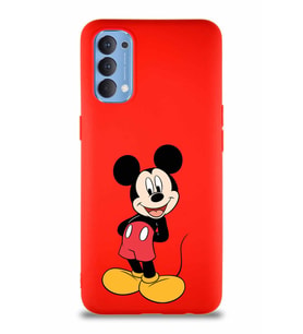 Oppo Reno 4 Soft Premier Kapak Mickey Mouse-B Tasarımlı Silikon Kılıf - Kırmızı (Şeffaf)