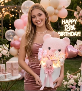 Deluxe LED Işıklı Peluş Ayı Yastıklı Silindir Kutuda Peluş Ayıcık ve Tavşan Buketi Sevgiliye, Kıza Hediye