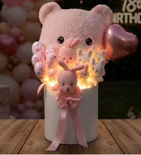 Deluxe LED Işıklı Peluş Ayı Yastıklı Silindir Kutuda Peluş Ayıcık ve Tavşan Buketi Sevgiliye, Kıza Hediye