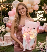 Deluxe LED Işıklı Peluş Ayı Yastıklı Silindir Kutuda Peluş Ayıcık ve Tavşan Buketi Sevgiliye, Kıza Hediye