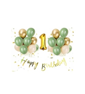 1 Yaş Gold Happy Bırthday Kaligrafi Banner Krom Gold Küf Yeşili Deniz Kumu Balon Set