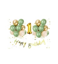 1 Yaş Gold Happy Bırthday Kaligrafi Banner Krom Gold Küf Yeşili Deniz Kumu Balon Set