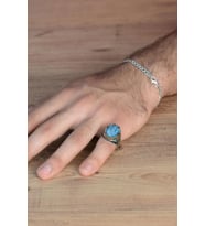 Mavi Paraiba Taşlı Kenarları Zirkon Işlemeli 925 Ayar Gümüş Erkek Yüzük