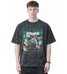 Tasarım Roronoa Zoro One Piece Anime Baskılı Unisex Oversize Eskitme Yıkamalı Tişört