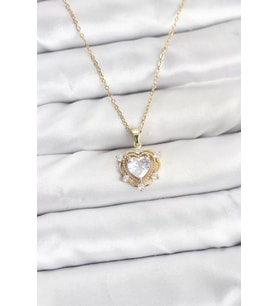 316L Çelik Zincir Gold Renk Kalp Model Zirkon Taşlı Kadın Kolye - TJ-BKO10883