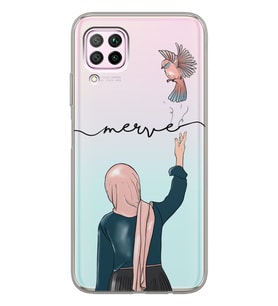 Huawei Kuşlu Kadın Tasarımlı Şeffaf Telefon Kılıfı