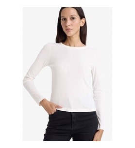 Defacto Slim Fit Basic Ekru Kadın Uzun Kollu T-shirt E5767AX/ER105