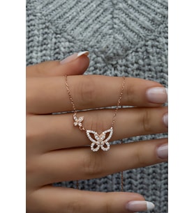 925 Ayar Gümüş Rose Çift Uçuşan Kelebek Kolye