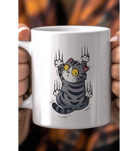 Komik Kedi Figürlü 330ml Baskılı Beyaz Seramik Kupa Bardak
