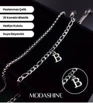 Kişiye Özel Harfli İkili Bileklik - Paslanmaz Çelik Gümüş Renk Harf Bileklik A-Z Tüm Harfler Suya Dayanıklı Hediye Kutulu Sevgili Çift Bilekliği