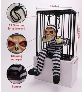 Hareketli Sesli Sensörlü Mahkum Görünümlü Kuru Kafa İskelet Dekorasyon 22x27 cm pop