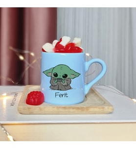 Baby Yoda Tasarımlı Kişiye Özel Mavi Türk Kahvesi Fincanı