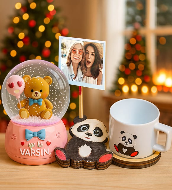 Kişiye Özel İyi Ki Varsın Balonlu Ayıcık Işıklı Kar Küresi & 3D Sevimli Panda Kupa