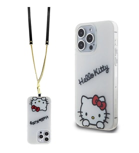 Apple iPhone 15 Pro Max Uyumlu Kılıf Hello Kitty Orjinal Lisanslı Askılı Yazı ve İkonik Logolu Daydreaming Kapak (Beyaz)