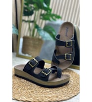 İmerShoes Günlük Kadın Terlik Tek Parmak Arası Rahat Mantar Taban Tokalı Ayarlanabilir Sandalet 147 (Siyah)