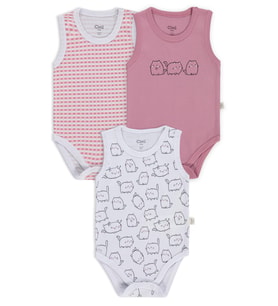 Civil Baby 3 lü Kedi Empirmeli Sıfır Kol 0-36 Ay Çıtçıtlı Badi - Beyaz