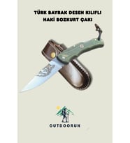 Türk Bayrak Desen Kılıflı Haki Bozkurt Çakı - 23 cm