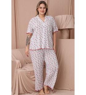 Mirano 1850 Çilekli Pointel İnce Kumaş Düğmeli Kısa Kollu Büyük Beden Kadın Pijama Takımı