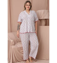 Mirano 1850 Çilekli Pointel İnce Kumaş Düğmeli Kısa Kollu Büyük Beden Kadın Pijama Takımı