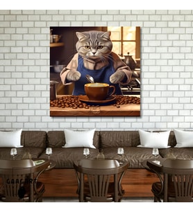 Kare Kanvas Kahve Köşesi Cafe Tablosu Barista Gri British Kedi