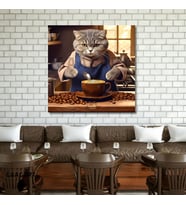 Kare Kanvas Kahve Köşesi Cafe Tablosu Barista Gri British Kedi