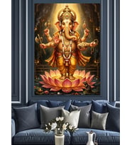 Lotus Üzerinde Altın Ganesha Heykeli Dekoratif Kanvas - Mdf Ahşap Tablo