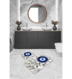 Lacivert Nazar Boncuğu Banyo Halısı Klozet Paspas Seti BS288