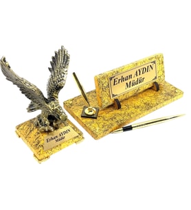Kişiye Özel İmza Kalemli Masa İsimliği - Mermer Tasarımlı Gold Kartallı Premium Set (Model 3)