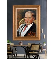 Altın Varaklı Çerçeveli Paspartulu Atatürk Tablo TR1318 (Gold)