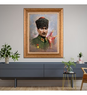 Altın Paspartulu Atatürk  Çerçeveli Tablo C1019 (Gold)