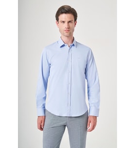 Mavi Sert Yaka Uzun Kol Cepsiz Slim Fit Pamuklu Gömlek 1004260213