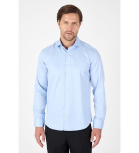 Koyu Mavi Uzun Kol Yarım İtalyan Yaka Cepsiz Non Iron Slim Fit Pamuklu Gömlek 1004250267