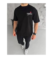 Unisex Bisiklet Yaka Baskılı Oversize T-Shirt - Siyah