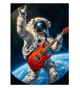Uzayda Gitar Çalan Astronot ve Dünya Manzaralı Dekoratif Kanvas - Mdf Ahşap Tablo